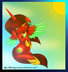 Size: 522x549 | Tagged: safe, artist:firedragonmoon15, imported from derpibooru, oc, oc:phoenix scarletruby, alicorn, butterfly, pony, brown mane, brown tail, colored wings, gradient background, hoof shoes, jewelry, looking at something, lowres, mint wings, necklace, one eye closed, red coat, red wings, sitting, smiling, spread wings, sun, tail, two toned wings, wings