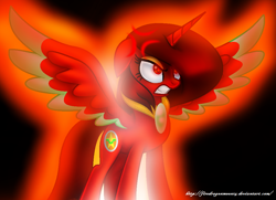 Size: 1024x742 | Tagged: safe, artist:firedragonmoon15, imported from derpibooru, oc, oc:phoenix scarletruby, alicorn, pony, angry, black background, brown mane, brown tail, colored wings, cross-popping veins, emanata, glowing, jewelry, mint wings, necklace, rage, red coat, red wings, simple background, spread wings, tail, two toned wings, wings