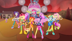 Size: 1920x1080 | Tagged: safe, imported from derpibooru, screencap, applejack, dj pon-3, fluttershy, pinkie pie, rainbow dash, rarity, spike, sunset shimmer, twilight sparkle, vinyl scratch, dog, human, equestria girls, rainbow rocks, bare shoulders, bass guitar, boots, clothes, cowboy hat, cute, drums, drumsticks, electric guitar, eyes closed, female, guitar, hat, humane five, humane seven, humane six, keytar, male, musical instrument, open mouth, open smile, ponied up, rainbow rocks outfit, shoes, sleeveless, smiling, solo, spikabetes, spike the dog, spread wings, tambourine, wings