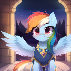 Size: 2560x2560 | Tagged: safe, imported from derpibooru, rainbow dash, pegasus, pony, ai content, ai generated, armor, armored pony, female, generator:novelai, generator:stable diffusion, looking at you, mare, offscreen character, pov, solo, spread wings, wings