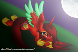 Size: 600x406 | Tagged: safe, artist:firedragonmoon15, imported from derpibooru, oc, oc:phoenix scarletruby, alicorn, pony, brown mane, brown tail, colored wings, crossed hooves, jewelry, looking at the moon, lowres, lying, mint wings, moon, moongazing, necklace, red coat, red wings, smiling, spread wings, tail, two toned wings, wings
