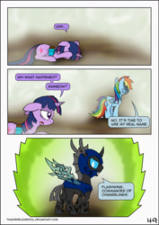 Size: 1024x1444 | Tagged: safe, artist:thunderelemental, imported from derpibooru, rainbow dash, twilight sparkle, changeling, pony, comic:swarm rising, butt, comic, disguise, disguised changeling, plot, speech bubble