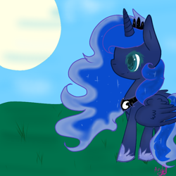Size: 768x768 | Tagged: safe, artist:magicangelstarartist, imported from derpibooru, princess luna, alicorn, pony, female, grass, grass field, mare, side view, simple background, smiling, solo