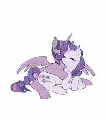 Size: 1890x2160 | Tagged: safe, artist:evelili, imported from derpibooru, rarity, twilight sparkle, alicorn, pony, unicorn, fanfic:the enchanted library, eyes closed, fanfic art, female, hug, lesbian, lying down, rarilight, shipping, simple background, twilight sparkle (alicorn), white background