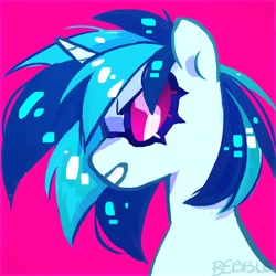 Size: 1328x1328 | Tagged: dead source, safe, artist:bebblecraft, imported from derpibooru, dj pon-3, vinyl scratch, pony, unicorn, female, glasses, mare, pink background, signature, simple background, solo