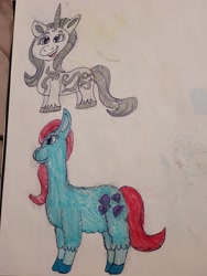 Size: 4032x3024 | Tagged: safe, artist:mintwhistle, derpibooru exclusive, imported from derpibooru, cha cha, princess silver swirl, llama, pony, unicorn, colored pencil drawing, duo, duo female, female, fluffy, g1, g1 to g5, g2, g2 to g5, g5, generation leap, mare, not jazz hooves, old art, open mouth, open smile, silver hooves, sketchbook, smiling, standing, traditional art, unshorn fetlocks