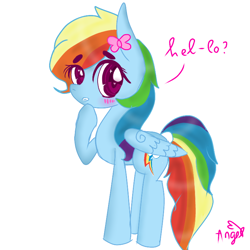 Size: 768x768 | Tagged: safe, artist:magicangelstarartist, imported from derpibooru, rainbow dash, pegasus, pony, blushing, bow, female, mare, side view, simple background, solo, text