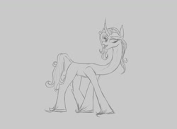 Size: 1590x1167 | Tagged: safe, artist:astr0zone, imported from derpibooru, classical unicorn, unicorn, them's fightin' herds, cloven hooves, community related, female, fetish, gray background, impossibly long neck, leonine tail, lidded eyes, monochrome, oleander (tfh), open mouth, open smile, simple background, smiling, solo, unshorn fetlocks