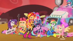 Size: 1920x1080 | Tagged: safe, imported from derpibooru, screencap, applejack, dj pon-3, fluttershy, pinkie pie, rainbow dash, rarity, sunset shimmer, twilight sparkle, vinyl scratch, human, equestria girls, rainbow rocks, bare shoulders, clothes, female, sleeveless, solo