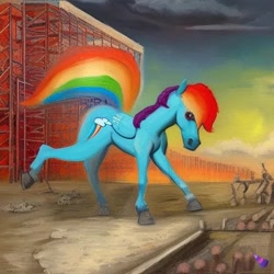 Size: 512x512 | Tagged: safe, imported from derpibooru, rainbow dash, pegasus, pony, ai content, ai generated, building, cloud, colored hooves, construction, constructionism, dark clouds, factory, generator:purplesmart.ai, generator:stable diffusion, hoers, log, modern art, raised hoof, scaffold, scaffolding, sunrise, wings