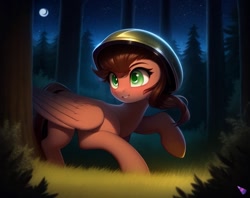 Size: 768x608 | Tagged: safe, imported from derpibooru, oc, oc:leafhelm, pegasus, pony, ai content, ai generated, dark forest, generator:purplesmart.ai, generator:stable diffusion, helmet