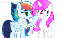 Size: 1024x644 | Tagged: safe, artist:bitchbases, artist:magicangelstarartist, imported from derpibooru, oc, oc only, oc:thunder rainbow, pegasus, unicorn, base used, duo, jewelry, missing cutie mark, necklace, simple background