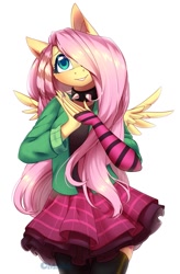 Size: 707x1080 | Tagged: safe, artist:medich, imported from derpibooru, fluttershy, anthro, clothes, draw this in your style, dtiys emoflat, female, hair over one eye, heart, simple background, skirt, solo, white background