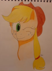 Size: 1510x2048 | Tagged: safe, artist:yukine0001, imported from derpibooru, applejack, earth pony, pony, female, mare, one eye closed, solo, traditional art, wink