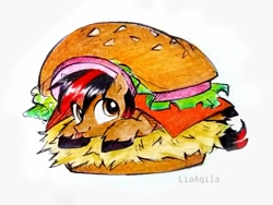 Size: 1032x774 | Tagged: safe, artist:liaaqila, imported from derpibooru, oc, oc:twinny, earth pony, pony, burger, food, hay burger, male, simple background, solo, stallion, tiny, tiny ponies, white background