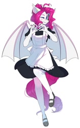 Size: 679x1080 | Tagged: safe, artist:medich, imported from derpibooru, oc, oc only, anthro, bat pony, bat pony oc, clothes, female, heart, looking at you, maid, one eye closed, simple background, skirt, solo, white background