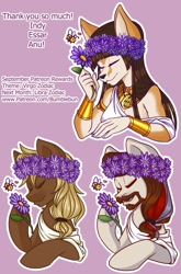 Size: 669x1014 | Tagged: safe, artist:inkkeystudios, imported from derpibooru, oc, oc only, anthro, bee, earth pony, pony, bumblebee, clothes, eyes closed, facial hair, floral head wreath, flower, furry, goatee, smiling, toga