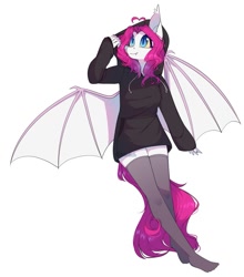 Size: 951x1080 | Tagged: safe, artist:medich, imported from derpibooru, oc, oc only, anthro, bat pony, bat pony oc, clothes, fangs, looking up, simple background, solo, white background, winged anthro, wings