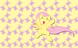 Size: 2560x1600 | Tagged: safe, artist:alicehumansacrifice0, artist:mihaaaa, artist:ooklah, edit, imported from derpibooru, fluttershy, pegasus, pony, cutie mark, cutie mark background, eyes closed, female, happy, jumping, mare, open mouth, open smile, smiling, solo, spread wings, wallpaper, wallpaper edit, wings