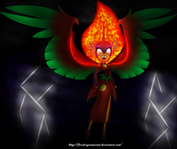 Size: 973x820 | Tagged: safe, artist:firedragonmoon15, imported from derpibooru, oc, oc:nightmare phoenix, alicorn, equestria girls, clothes, colored wings, dress, fangs, fire hair, green wings, helmet, horn, jewelry, lightning, looking at you, necklace, red wings, tail, two toned wings, wings