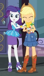 Size: 555x961 | Tagged: safe, imported from derpibooru, screencap, applejack, rarity, human, equestria girls, equestria girls series, street chic, spoiler:eqg series (season 2), bare shoulders, female, rarity peplum dress, shipping fuel, sleeveless