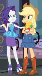 Size: 519x941 | Tagged: safe, imported from derpibooru, screencap, applejack, rarity, human, equestria girls, equestria girls series, street chic, spoiler:eqg series (season 2), bare shoulders, female, rarity peplum dress, shipping fuel, sleeveless