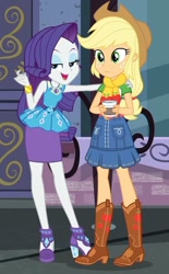 Size: 573x925 | Tagged: safe, imported from derpibooru, screencap, applejack, rarity, human, equestria girls, equestria girls series, street chic, spoiler:eqg series (season 2), bare shoulders, female, rarity peplum dress, shipping fuel, sleeveless