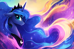 Size: 3072x2048 | Tagged: safe, editor:montaraz13, imported from derpibooru, prompter:montaraz13, princess luna, alicorn, pony, abstract background, ai content, ai generated, beautiful, colorful, dream realm, ethereal mane, female, generator:novelai, generator:stable diffusion, jewelry, long mane, regalia, smiling, solo, wallpaper