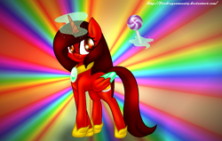 Size: 916x584 | Tagged: safe, artist:firedragonmoon15, imported from derpibooru, oc, oc:phoenix scarletruby, alicorn, pony, brown mane, brown tail, candy, chibi, colored wings, food, glowing, glowing horn, hoof shoes, horn, jewelry, levitation, lollipop, magic, mint wings, necklace, rainbow background, red coat, red wings, smiling, standing, tail, telekinesis, two toned wings, wings