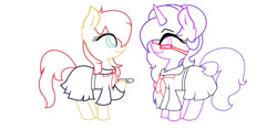 Size: 1024x484 | Tagged: safe, artist:magicangelstarartist, imported from derpibooru, oc, oc only, earth pony, pony, unicorn, clothes, collaboration, duo, female, glasses, lineart, looking at each other, looking at someone, mare, sailor uniform, uniform