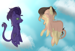 Size: 5400x3675 | Tagged: safe, artist:thecommandermiky, imported from derpibooru, oc, oc only, oc:miky command, oc:reagan, hybrid, pegasus, pony, cloud, cloudy, couple, duo, duo female, eyes closed, female, flying, green eye, hybrid oc, lesbian, long tail, looking at each other, looking at someone, mare, on a cloud, paws, pegasus oc, shipping, sitting, sitting on a cloud, sky, smiling, smiling at each other, spots, spread wings, tail, wings