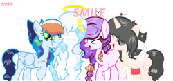 Size: 1024x484 | Tagged: safe, artist:magicangelstarartist, artist:niightlydark, imported from derpibooru, oc, oc only, earth pony, pegasus, unicorn, base used, halo, look-alike, many many pony, meme, smiling, text