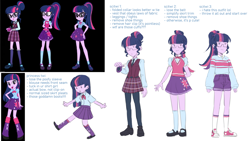 Size: 1280x720 | Tagged: safe, artist:evelili, imported from derpibooru, part of a set, screencap, sci-twi, twilight sparkle, human, equestria girls, bowtie, clothes, glasses, pantyhose, redesign, reference sheet, shoes, shorts, sneakers, socks, sweater, text, vest