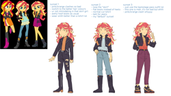 Size: 1280x720 | Tagged: safe, artist:evelili, imported from derpibooru, part of a set, screencap, sunset shimmer, human, equestria girls, boots, clothes, jacket, leather, leather boots, pants, redesign, reference sheet, shoes, text