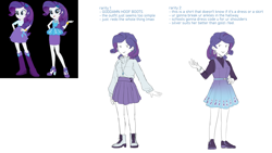 Size: 1280x720 | Tagged: safe, artist:evelili, imported from derpibooru, part of a set, screencap, rarity, human, equestria girls, clothes, purple dress, redesign, reference sheet, shoes, skirt, sneakers, sweater, text, white shirt