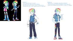 Size: 1280x720 | Tagged: safe, artist:evelili, imported from derpibooru, part of a set, screencap, rainbow dash, human, equestria girls, clothes, football, jacket, pants, redesign, reference sheet, shoes, sneakers, sports, sweatpants, text