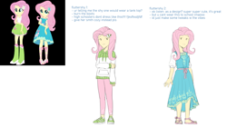 Size: 1280x720 | Tagged: safe, artist:evelili, imported from derpibooru, part of a set, screencap, fluttershy, human, equestria girls, blue dress, clothes, dress, hoodie, pants, redesign, reference sheet, sandals, shoes, simple background, sneakers, text, white background