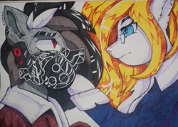 Size: 3890x2790 | Tagged: safe, artist:freak-side, imported from derpibooru, oc, oc:bright calm, oc:freak-side, earth pony, pegasus, pony, clothes, gas mask, glasses, looking at each other, looking at someone, marker drawing, mask, solo, traditional art