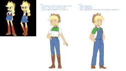 Size: 1280x720 | Tagged: safe, artist:evelili, imported from derpibooru, part of a set, screencap, applejack, human, equestria girls, applejack's hat, boots, clothes, cowboy boots, cowboy hat, denim, hat, jeans, overalls, pants, redesign, reference sheet, shoes, text