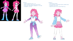 Size: 1280x720 | Tagged: safe, artist:evelili, imported from derpibooru, part of a set, screencap, pinkie pie, human, equestria girls, clothes, jacket, jewelry, necklace, pants, redesign, reference sheet, sandals, shoes, sneakers, text, white shirt