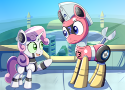 Size: 3000x2143 | Tagged: safe, artist:trackheadtherobopony, imported from derpibooru, sweetie belle, oc, oc:trackhead, pony, robot, robot pony, unicorn, :s, duo, high res, looking at each other, looking at someone, open mouth, open smile, puzzled, question mark, raised hoof, remake, smiling, sweetie bot, wavy mouth