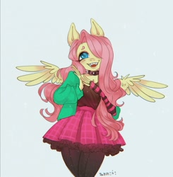 Size: 1056x1077 | Tagged: safe, artist:snn, imported from derpibooru, fluttershy, anthro, clothes, cute, cute little fangs, draw this in your style, dtiys emoflat, fangs, female, gray background, hair over one eye, simple background, skirt, solo, winged anthro, wings