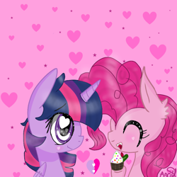 Size: 768x768 | Tagged: safe, artist:magicangelstarartist, imported from derpibooru, pinkie pie, twilight sparkle, alicorn, earth pony, pony, cupcake, duo, eyes closed, female, food, heart, heart eyes, mare, simple background, smiling, twilight sparkle (alicorn), wingding eyes