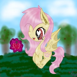 Size: 768x768 | Tagged: safe, artist:magicangelstarartist, imported from derpibooru, fluttershy, bat pony, apple, apple orchard, bat ponified, blurry background, flutterbat, food, heart, heart eyes, magic, orchard, race swap, side view, solo, wingding eyes