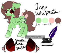 Size: 2486x2176 | Tagged: safe, artist:starstrucksocks, imported from derpibooru, oc, oc only, oc:inky whispers, pegasus, pony, bow, cute, eyes open, feather, female, green coat, inkwell, mare, pegasus oc, red eyes, reference sheet, simple background, text, white background