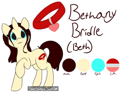 Size: 2333x1769 | Tagged: safe, artist:starstrucksocks, imported from derpibooru, oc, oc only, oc:bethany bridle, pony, unicorn, collar, female, horn, mare, reference sheet, signature, simple background, unicorn oc, white background