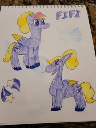 Size: 4032x3024 | Tagged: safe, artist:mintwhistle, derpibooru exclusive, imported from derpibooru, pegasus, pony, colored pencil drawing, cutie mark, female, fifi (g5), folded wings, g4, g5, g5 to g4, generation leap, happy, looking back, mare, missing accessory, old art, open mouth, open smile, ponytail, sketchbook, smiling, solo, standing, traditional art, unshorn fetlocks, visor, wings