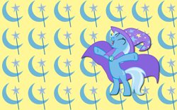 Size: 2560x1600 | Tagged: safe, artist:alicehumansacrifice0, artist:ooklah, artist:shelmo69, edit, imported from derpibooru, trixie, pony, unicorn, bipedal, cape, clothes, cutie mark, cutie mark background, eyes closed, female, hat, mare, open mouth, open smile, smiling, solo, spread hooves, trixie's cape, trixie's hat, wallpaper, wallpaper edit