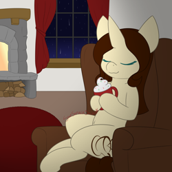 Size: 1500x1500 | Tagged: safe, artist:starstrucksocks, imported from derpibooru, oc, oc only, pony, unicorn, chair, curtains, eyes closed, female, fireplace, food, horn, mare, mug, rain, room, signature, solo, unicorn oc, whipped cream