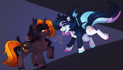 Size: 2157x1227 | Tagged: safe, artist:ghastlyexists, imported from derpibooru, oc, oc:hijinx, oc:neo starstorm, bat pony, pony, unicorn, bat wings, chest fluff, duo, ear fluff, fangs, flying, freckles, glasses, happy, horn, long mane, nonbinary, raised hoof, shading, side view, simple background, smiling, standing, unshorn fetlocks, watermark, wings